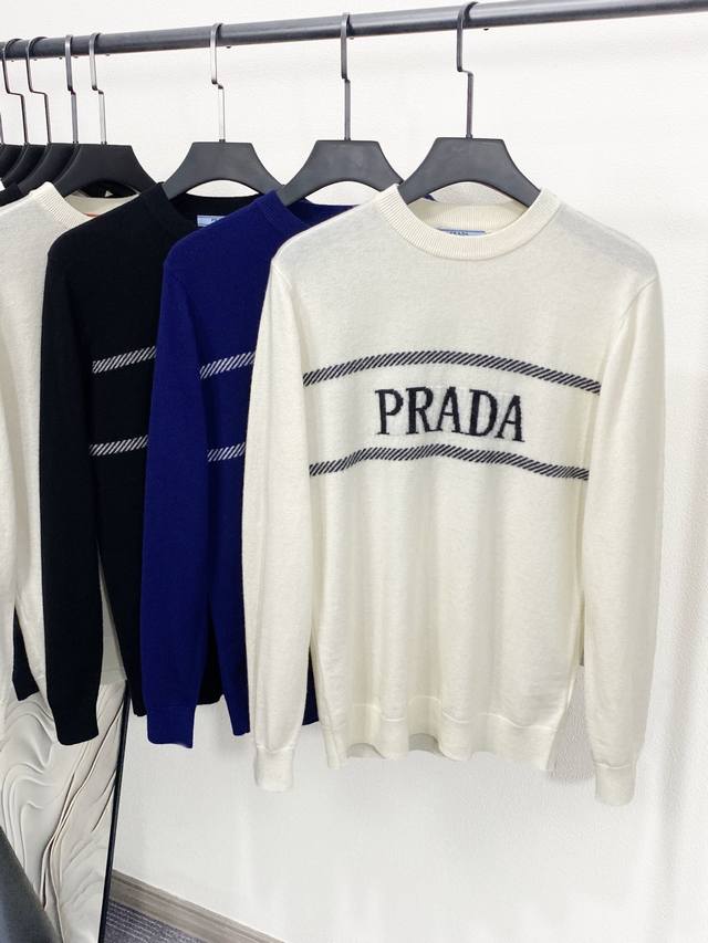 pra25Fw Autumn/Winter New Imported Wool and Cashmere Knitted Crew Neck Sweater,