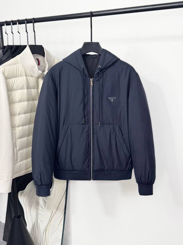 New Arrival pra25Fw Autumn/Winter Black Nylon Drawstring Hooded Cotton Jacket, U