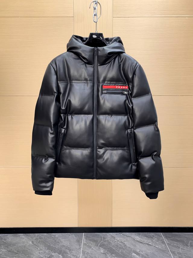 prada Premium Seamless Sealed Hooded Genuine Leather Down Jacket! Imported Itali