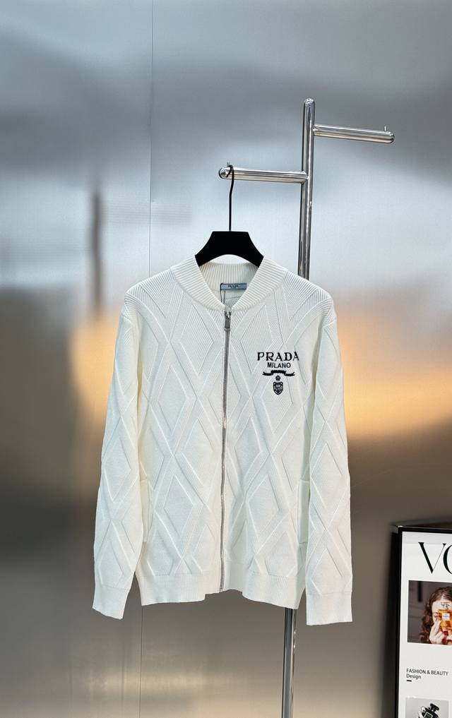 Prada 25S New Diamond Pattern Logo Zip-Up Jacket. This Prada zip-up jacket is m