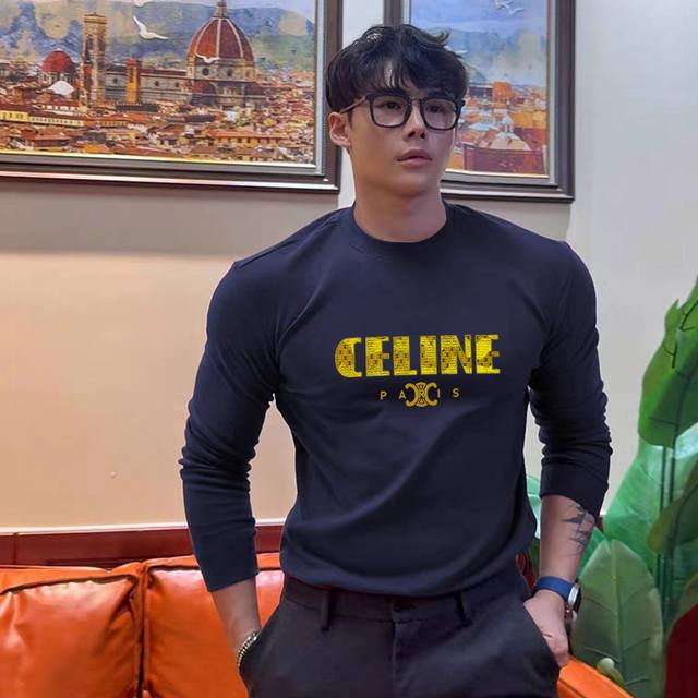 Celine*25S New Modal Long-Sleeve T-Shirt with Classic Letter Graphics 3D Heat Tr