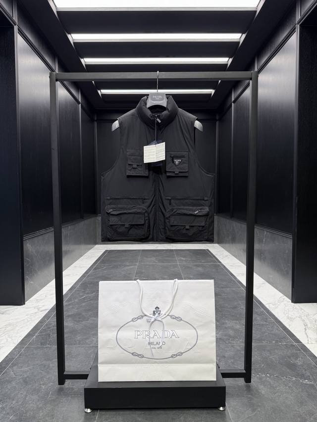 Premium Down Prada Triangle Logo Workwear Style Down Vest. Technical Nylon Thre