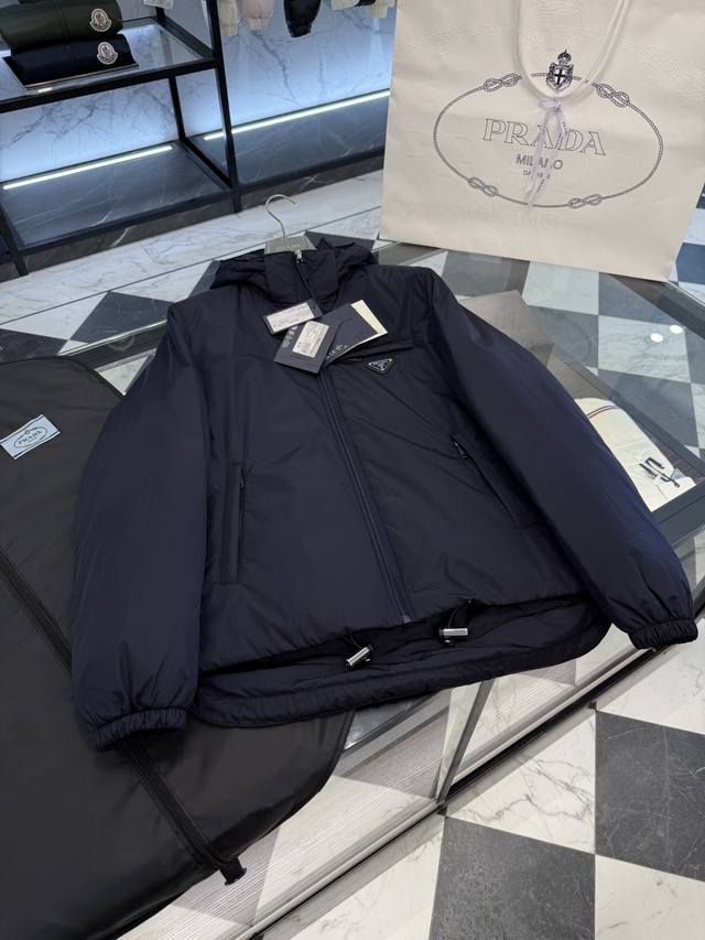 Prada Re-Nylon classic down jacket with a detachable hood. More detailed photos