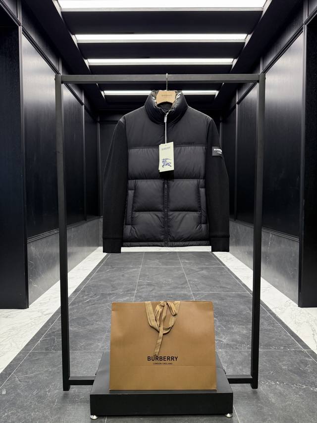 Premium Down Burberry Knit Down Jacket with Color Blocking and Logo. Features a