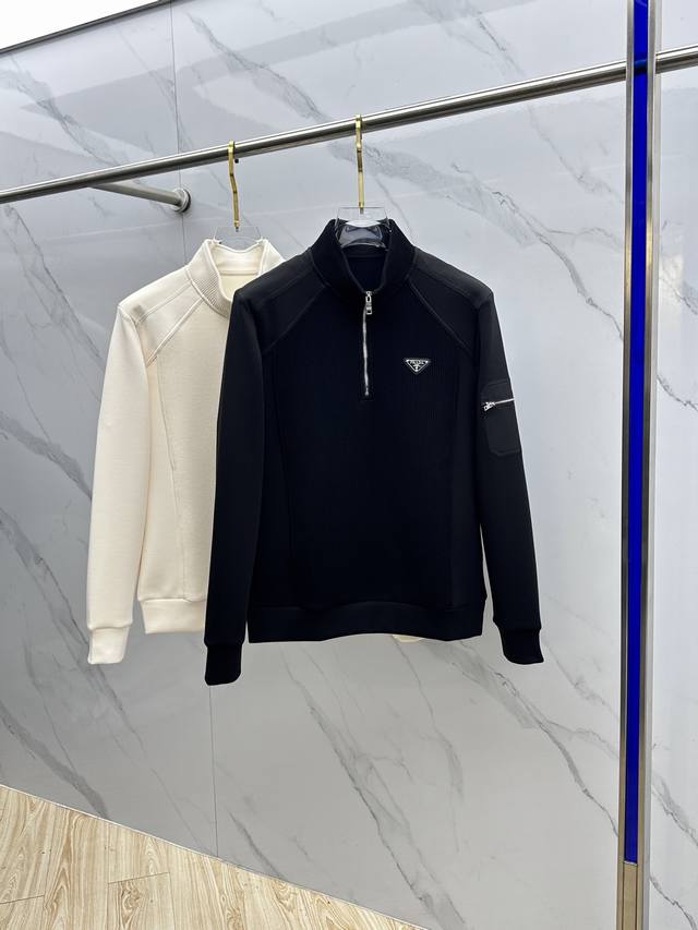 Prada 2025 Fall/Winter Wool Blend Half-Zip Stand Collar Knitted Patchwork Sweat