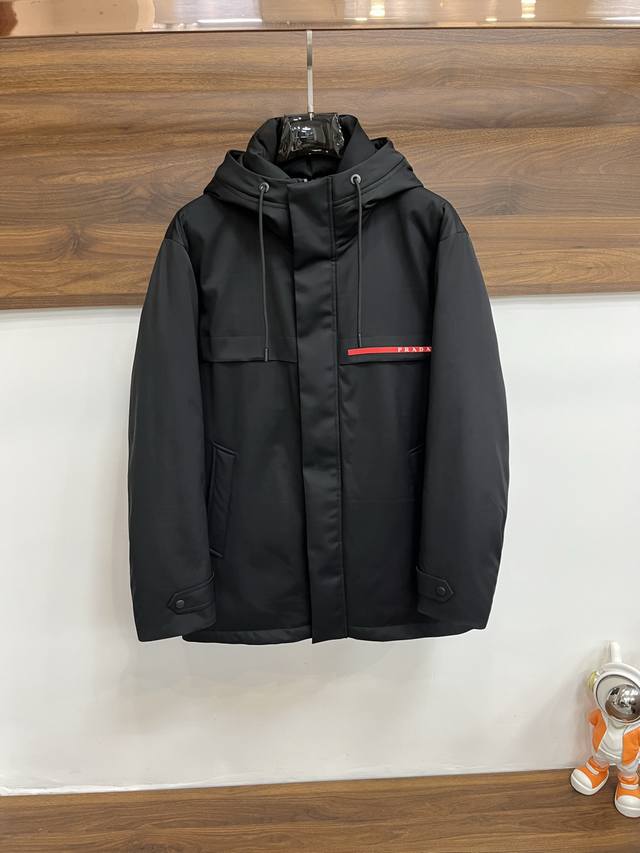 Featured Prada 2025 latest fashion designer down jacket, Prada hooded mid-lengt