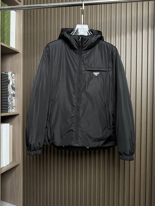 Black~ 25 Fall/Winter Prada Detachable Drawstring Hooded Recycled Nylon Down Ja