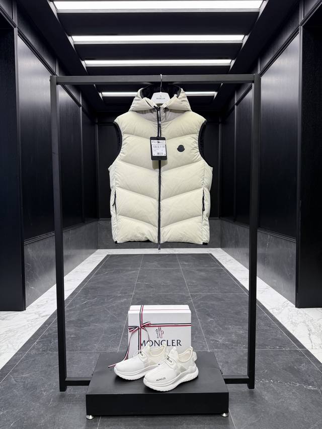 Premium Down Moncler Guersac Men's Twill Quilted Hooded Down Vest. The hood is