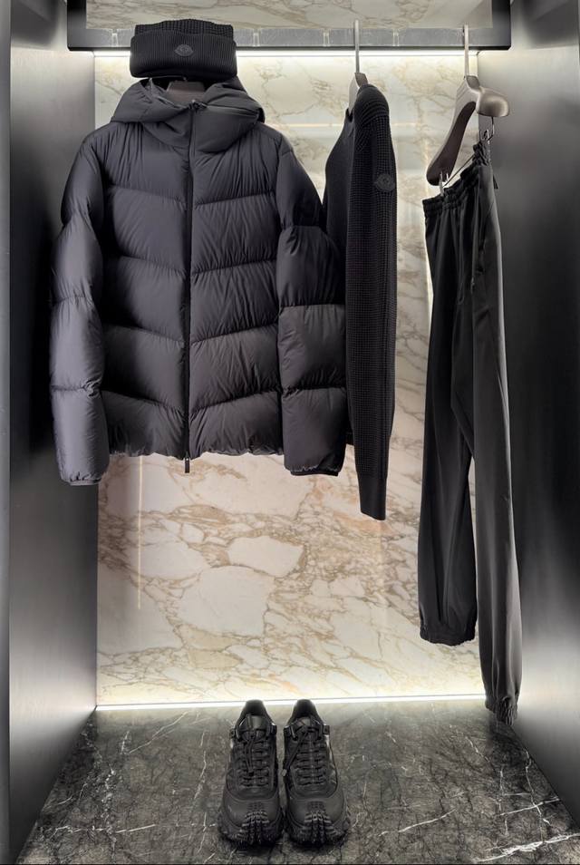 Moncler Forez Men's Hooded Short Down Jacket. Detachable hood, adjustable stand