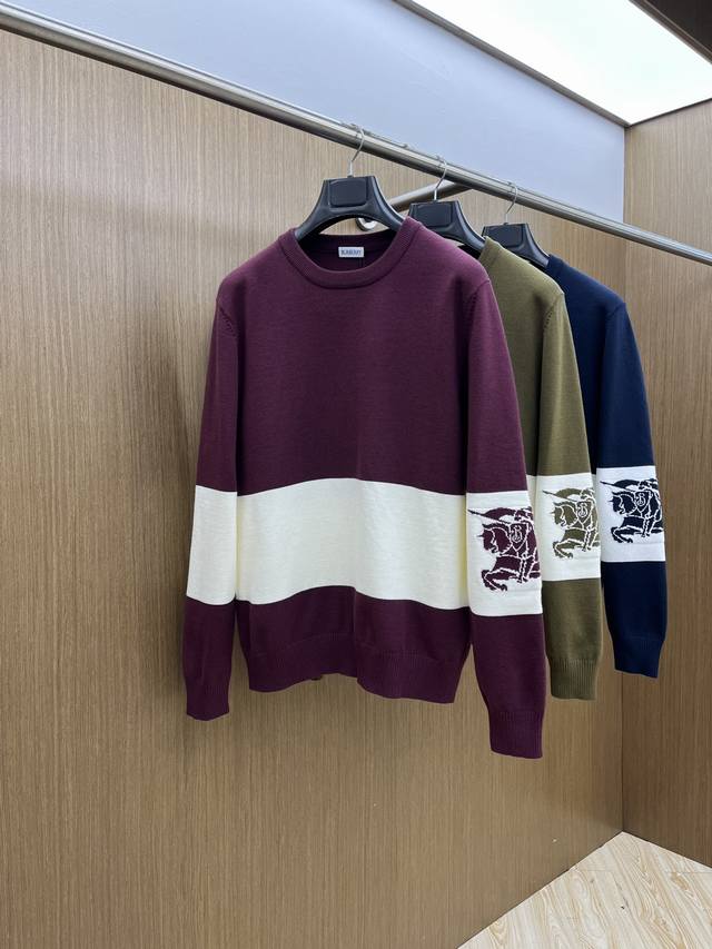 Autumn/Winter Burberry 2540Fw Striped Crew Neck Knit Sweater with Horse Print.