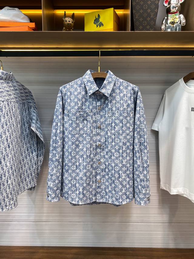 LV25Ss Early Spring New Blue Washed Gradient Collar Denim Shirt, Unisex, All-ove