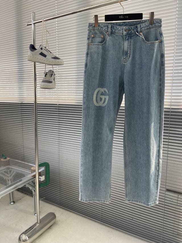 Gucc 25Fw New Printed Denim Jeans Loose Fit Gg Logo Washed Distressed Stretch De