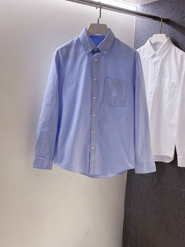 Giv~Classic Logo Embroidered Oxford Cloth Long-Sleeve Shirt with Pocket (Autumn