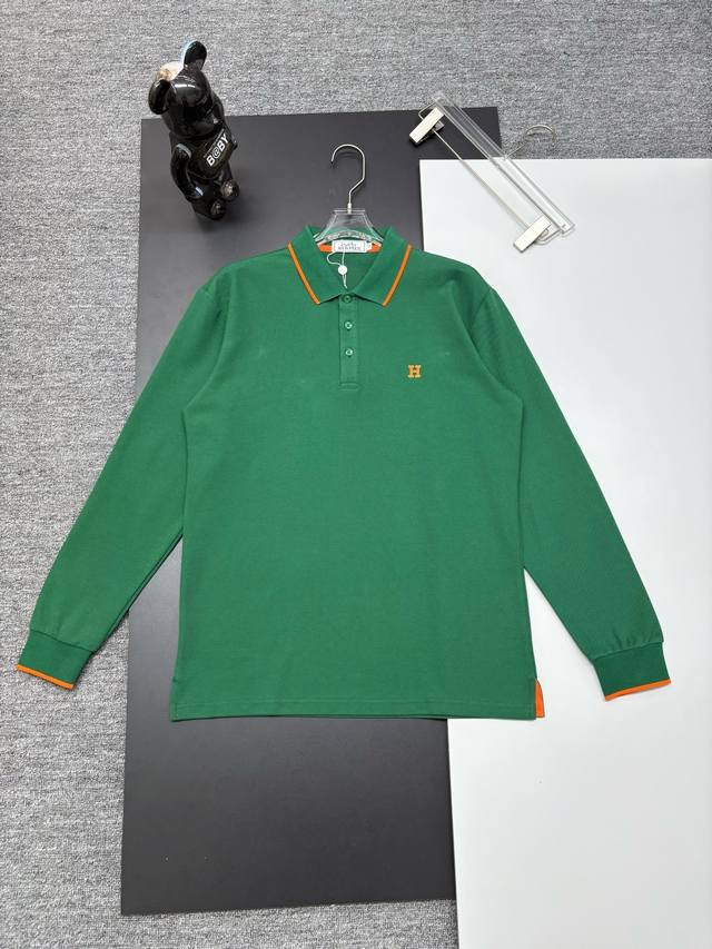 Hermes New Embroidered Long-Sleeve Polo Shirt Original Fabric, Official Same Sty