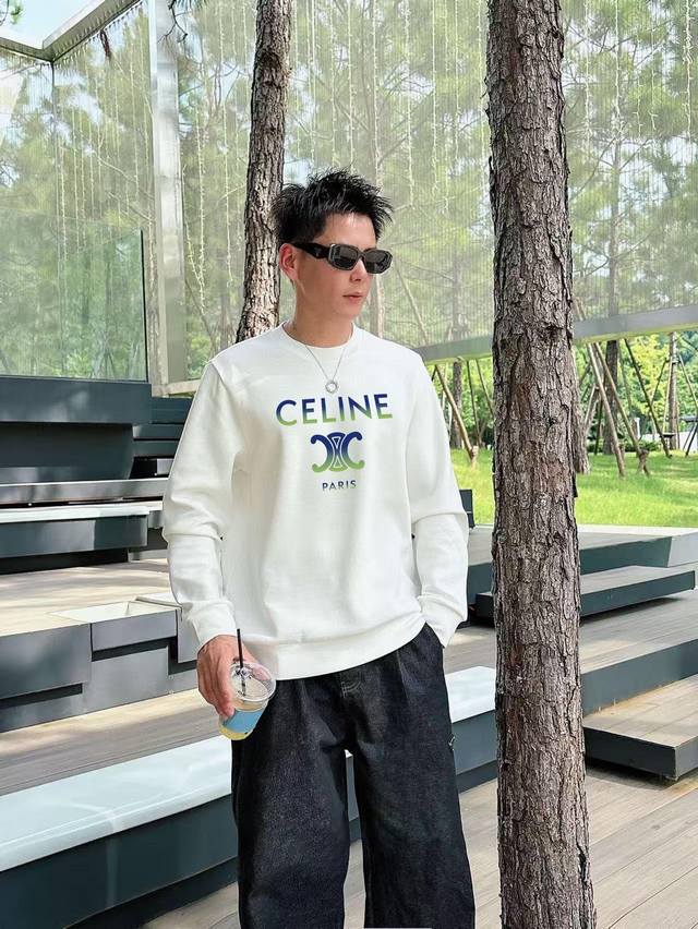 Celine 2025 Autumn/Winter New Crew Neck Sweatshirt Colors: Black, White, Gray S