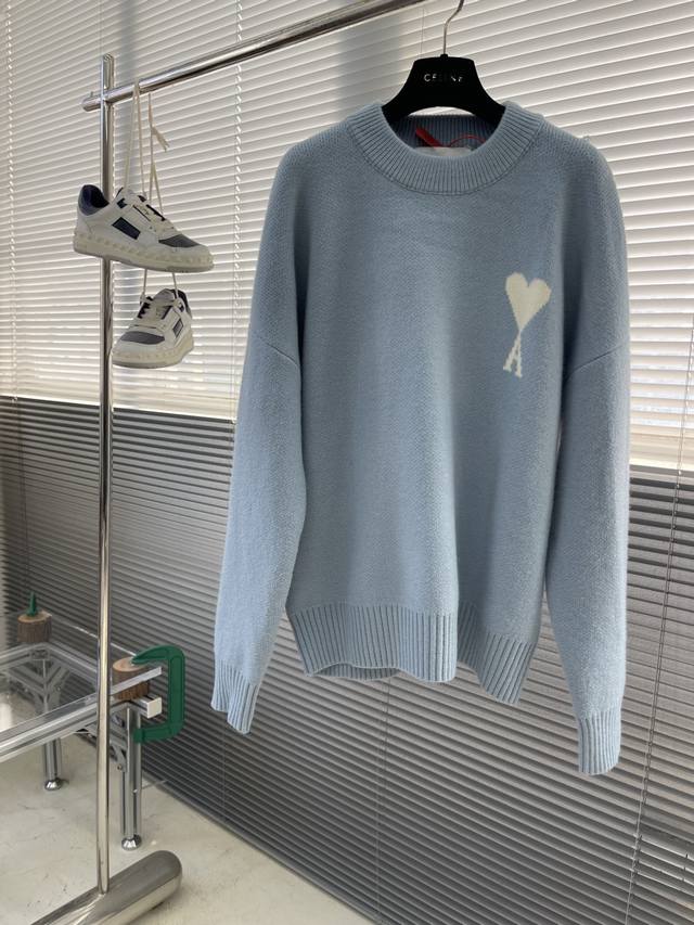 Ami Paris Heart Jacquard Crew Neck Sweater Custom-woven and dyed luxurious Merin