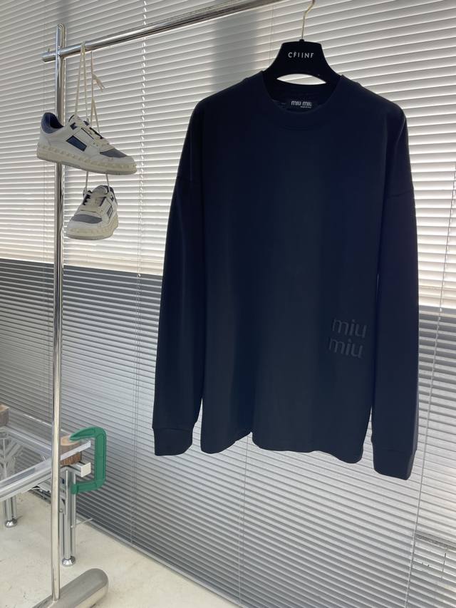 Miumiu Embroidered Letter Crew Neck Long Sleeve T-Shirt (Couple's Style), 260g H