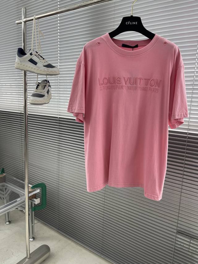 Louis Vuitton Washed Pink Embroidered Crew Neck Short-Sleeve T-Shirt Pure cotto