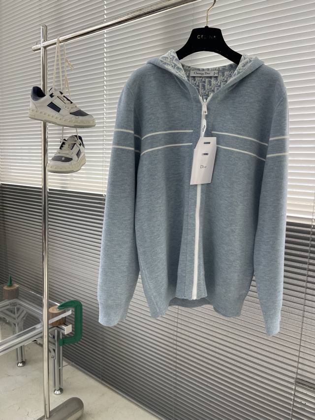 Dio 25Fw New Reversible Hooded Zip-Up Cardigan in Blue Cashmere Blend Knit with