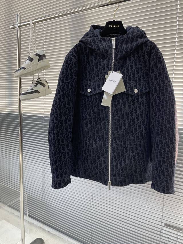 Dio All-Logo Jacquard Hooded Down Jacket Cd Oblique All-Print Denim Hooded Down