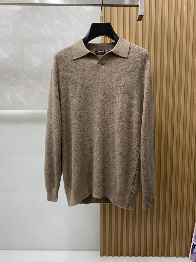 Zegna's latest men's collared wool sweater, model 25. A simple and classic desi