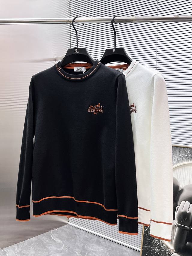 Hermes 2025Ss New Wool Blend Crew Neck Long Sleeve Sweater, High-End Version! C