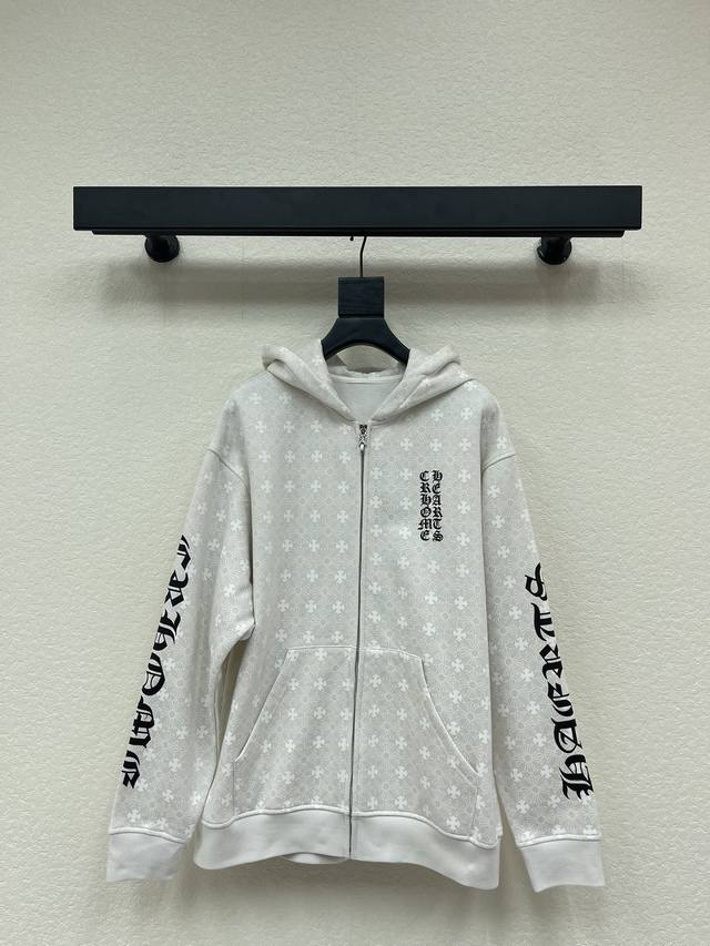 Chrome Hearts all-over print zip-up hooded jacket. All-over subtle print with S