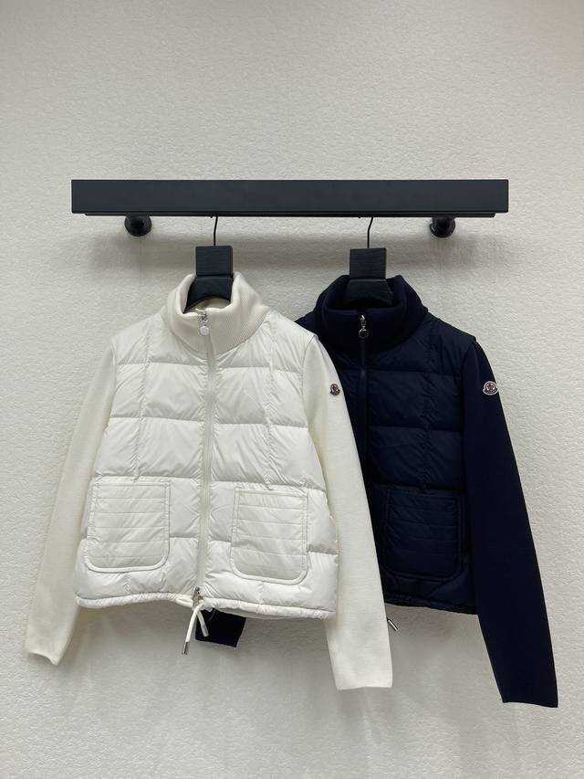 Moncler Women's Autumn/Winter Cardigan Stand Collar Patchwork Knit Down Jacket.