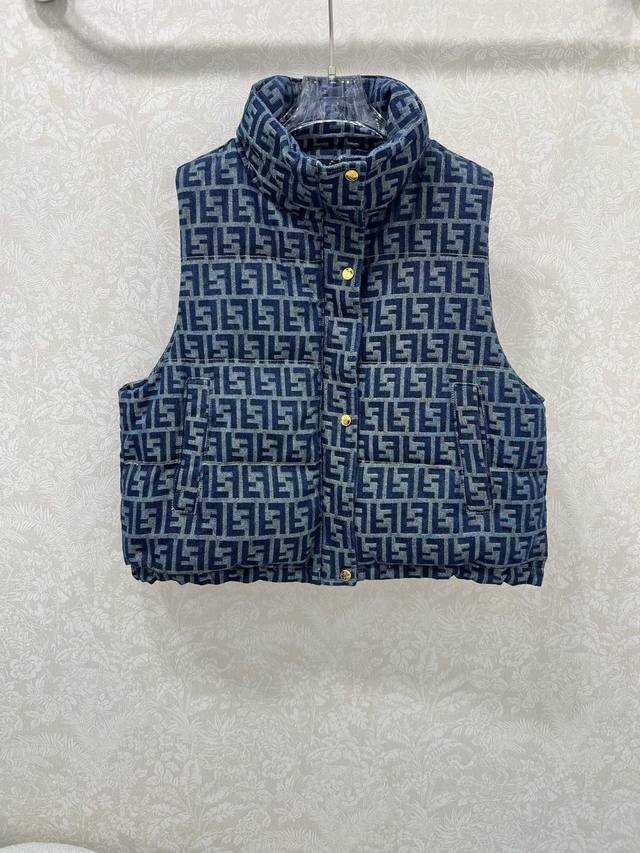 Fend*25 New Denim Down Vest, 90% White Duck Down, Denim Series, Stand Collar Dow