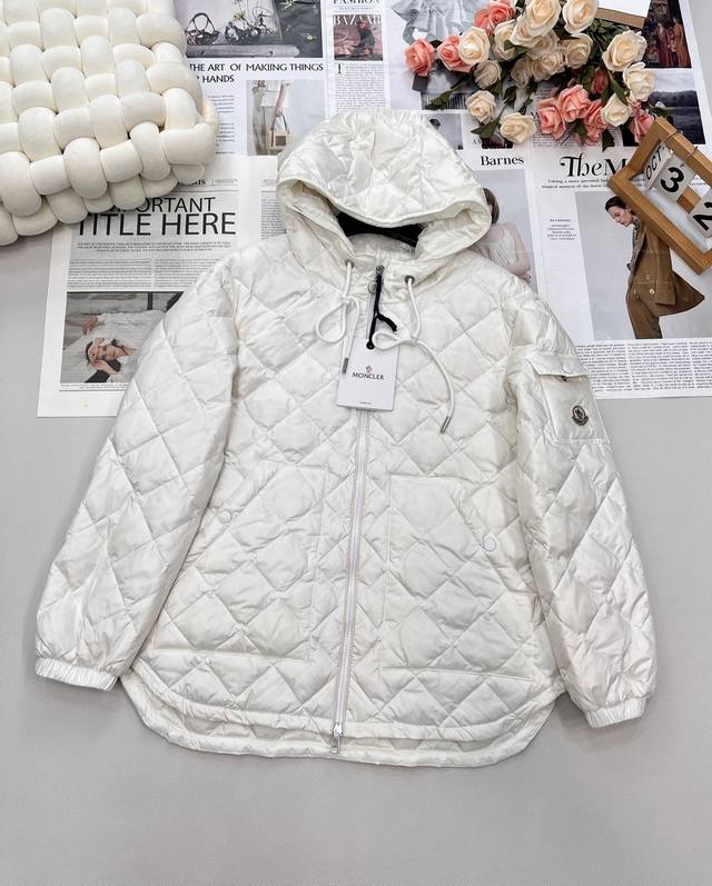 Moncler 2025 New Diamond Pattern Hooded Drawstring Mid-Length Down Jacket, Custo