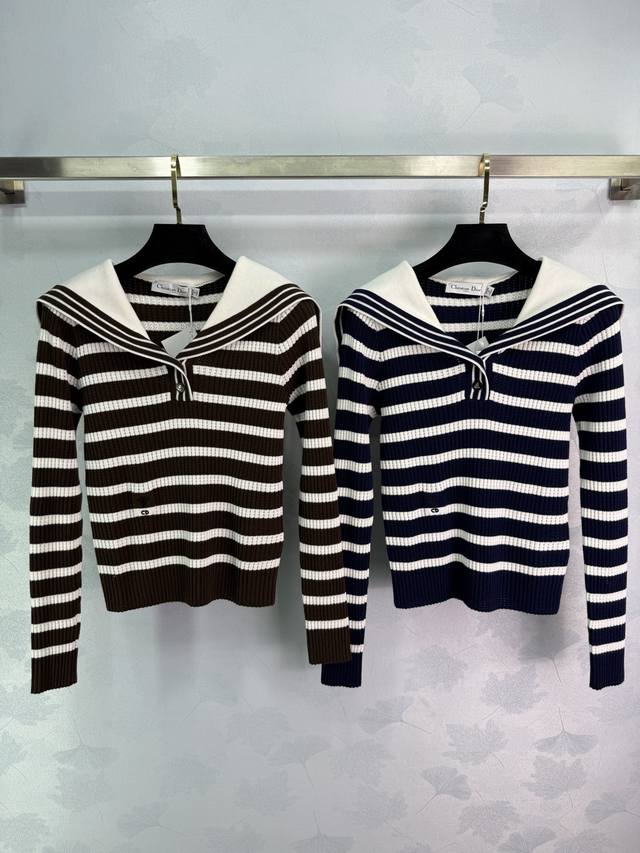 Dio*25 Autumn/Winter New Navy Collar Striped Knit Sweater, Short, Slim Fit, Soft