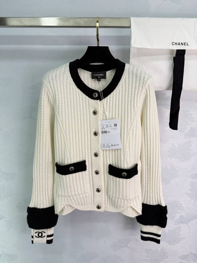 Ch*25N Ski Series Black and White Color Block Knit Cardigan, Custom Yb Wool Yarn