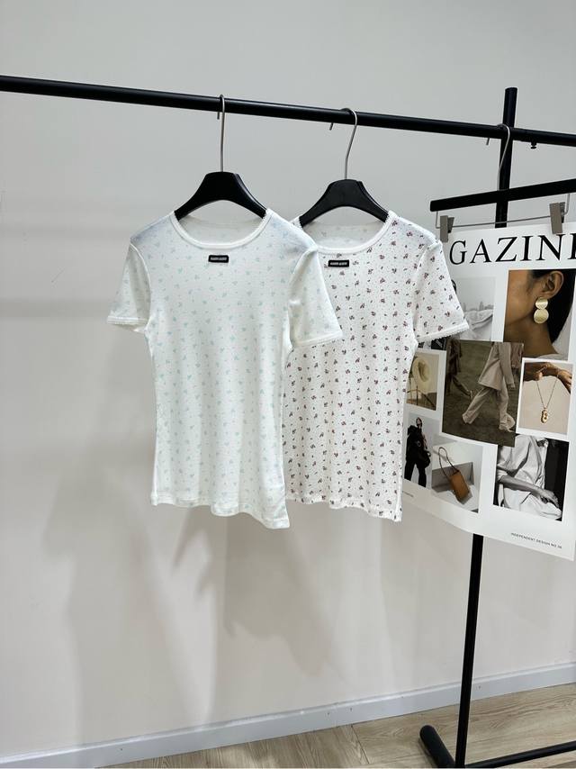 M Floral Logo Crew Neck Short Sleeve T-Shirt, Fabric: Cotton + Spandex, Colors: