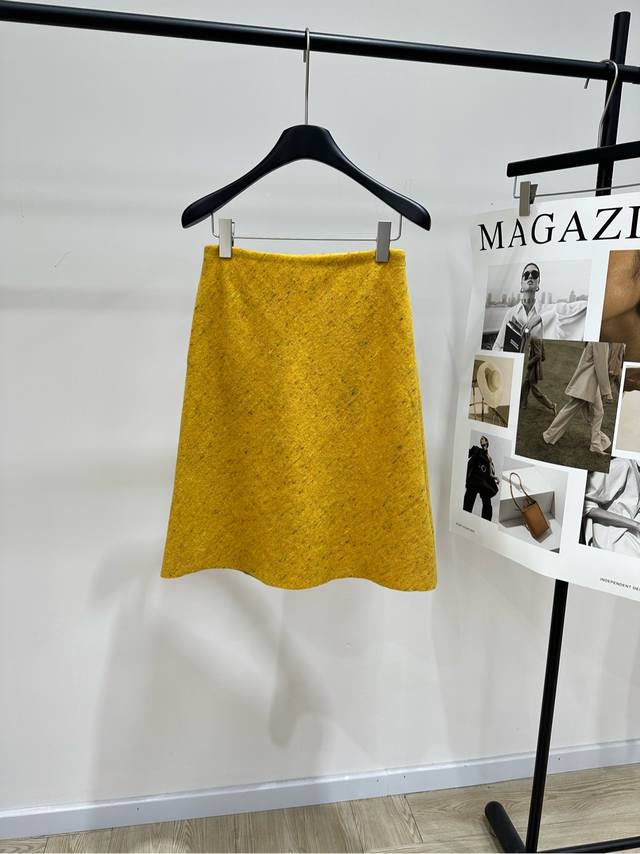 M Lemon Yellow Tweed A-line Midi Skirt ., Fabric: Wool Tweed Color: Lemon Yellow