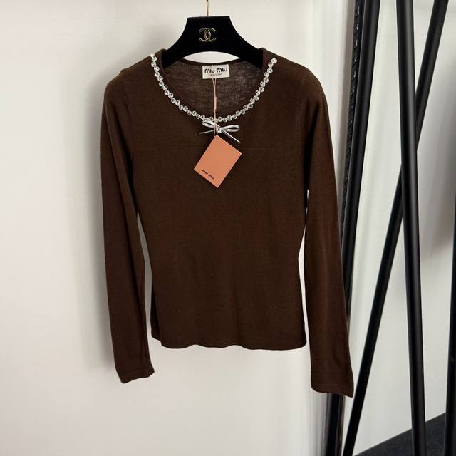 Style No. 20257257 Miumi* New Bow-Tie Rhinestone Round Neck Long-Sleeve Knit To