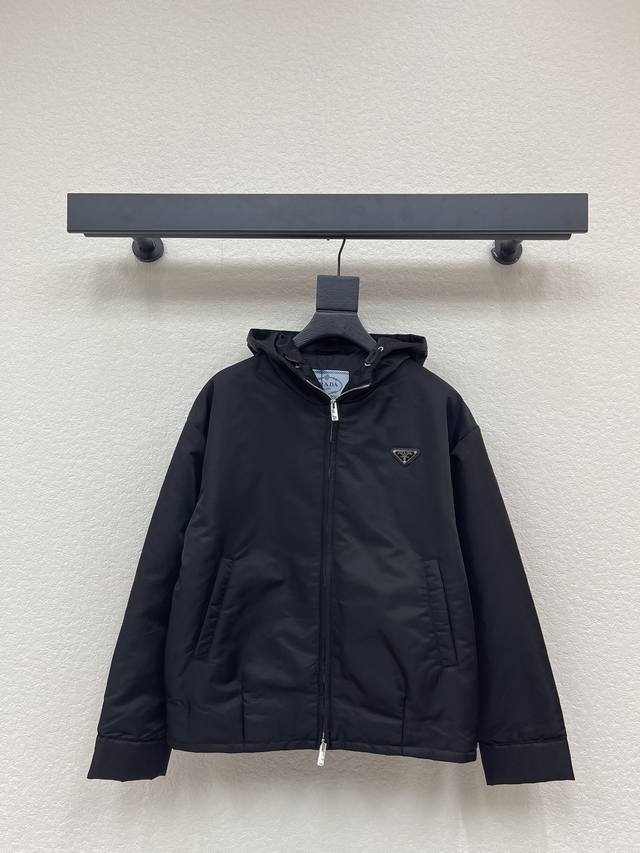 prad*25 Autumn/Winter New Triangle Logo Hooded Nylon Short Cotton Jacket | High-