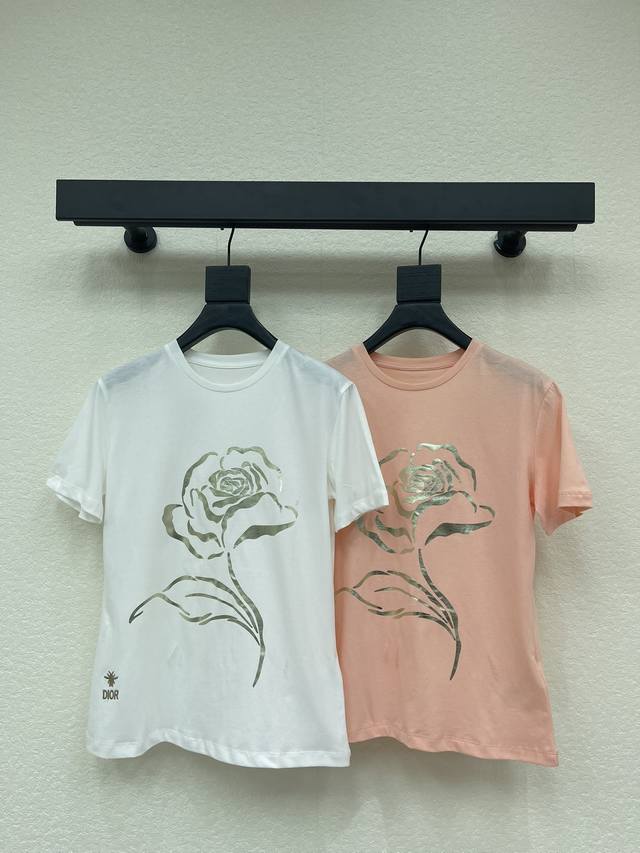 Dio*26 Early Spring New Rose Printed Bee Embroidered Short-Sleeve T-Shirt, High-