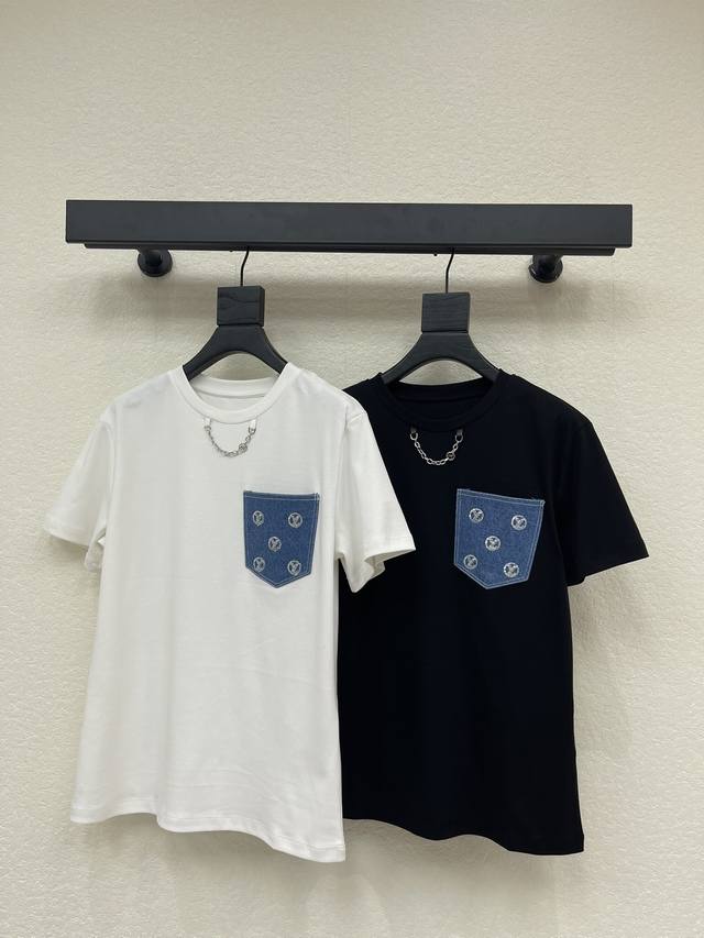 Louis Vuitto*26 Early Spring New Denim Pocket Sequin Embroidered Letter Short-Sl