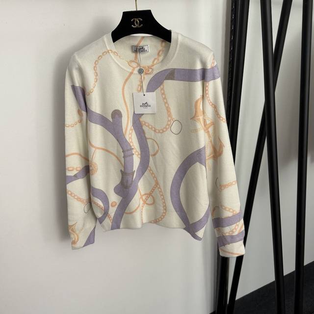 Style No. 20257218 Herme* New Retro Carriage Print Pullover Long-Sleeve Knit Sw
