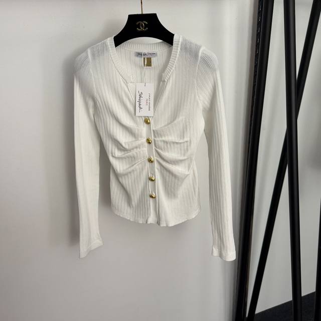 Style No. 20257203 Schiaparelli *New Custom Gold Button V-Neck Ruffled Slim Fit