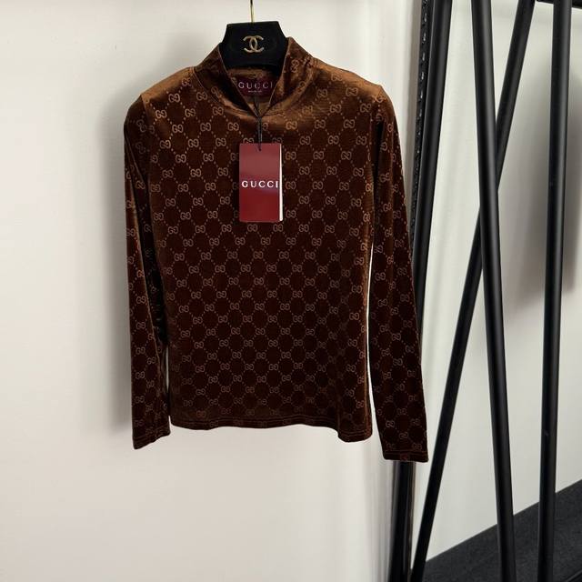 Style No. 20257173 Gucc* New monogram Gg letter mock neck velvet long-sleeved T