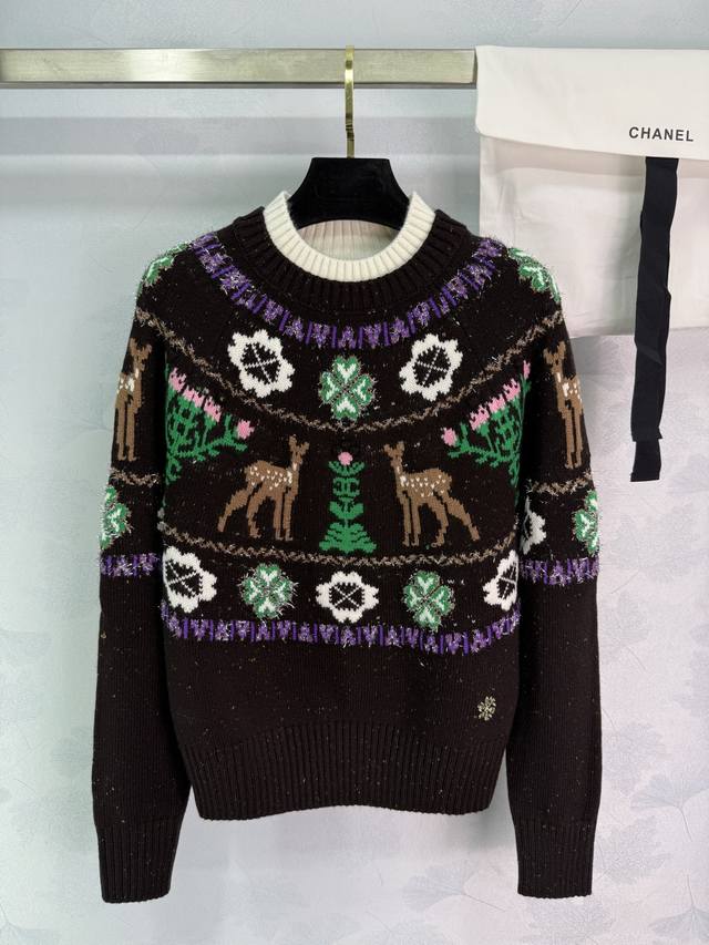 Ch*25N Ski Season Deer Sweater. Color-blocked deer and snowflake patterns, shimm