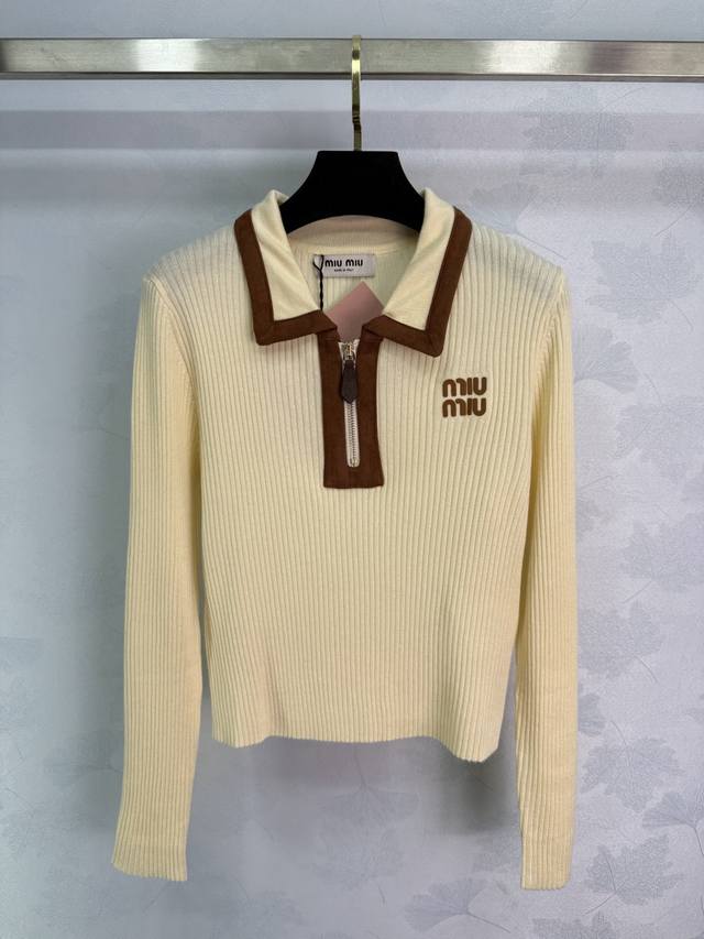 Miu*25 New Knitted Long-Sleeve Polo Shirt. Exquisite letter embroidery + zipper