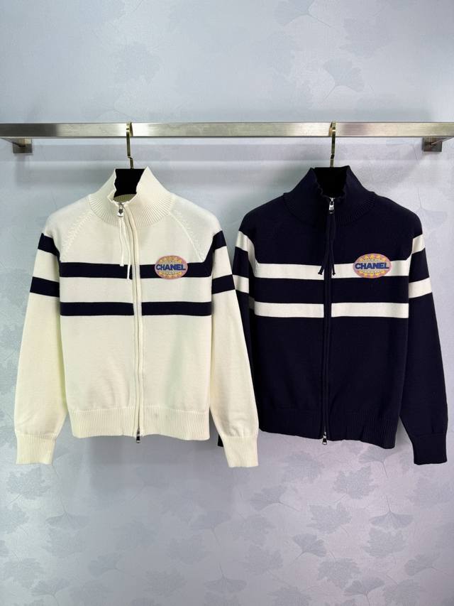 Ch* 2025 Autumn/Winter New Striped Knit Stand Collar Zipper Cardigan! Made with