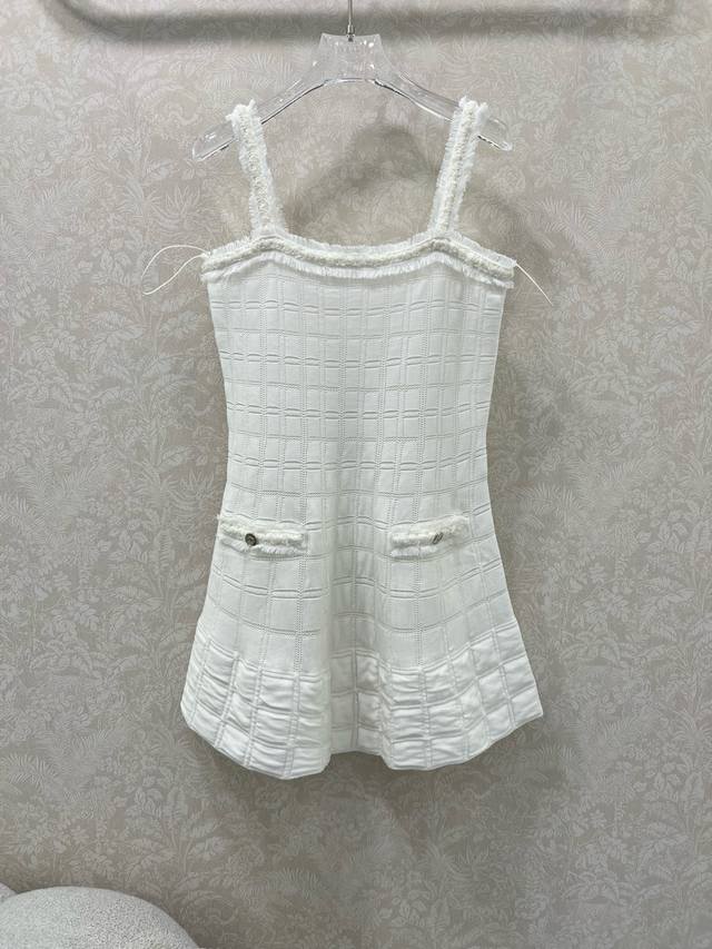 Chan*L 25B High-end Handcrafted Collection New White Furry Check Camisole Dress,