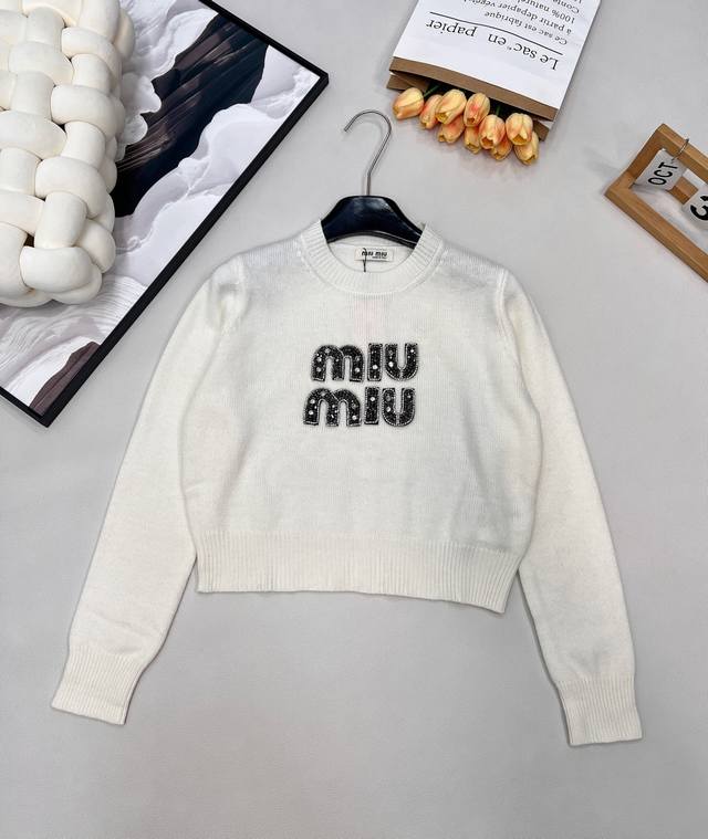 Miumiu Letter Beaded Knit Sweater A retro-feel American preppy style, blending s