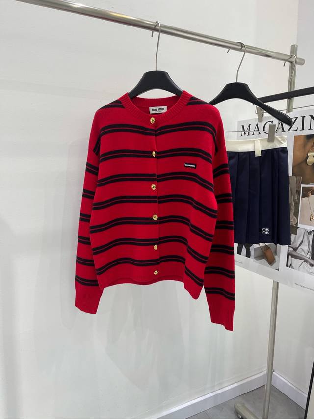 M Red and Black Wide Striped Gold Button Crew Neck Cardigan ., Fabric: Wool Blen