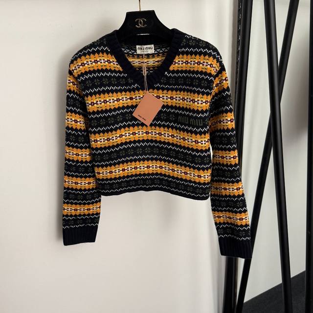 Style No. 20257132 Miumi* New Retro Color Block Crochet V-Neck Long Sleeve Wool