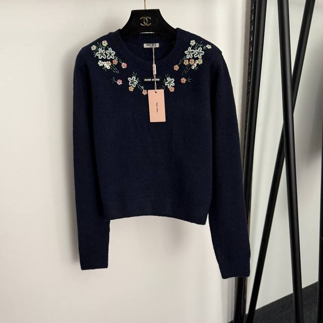 Style No. 20257129 Miumi* New Sequined Beaded 3D Flower Decor Pullover Long-Sle