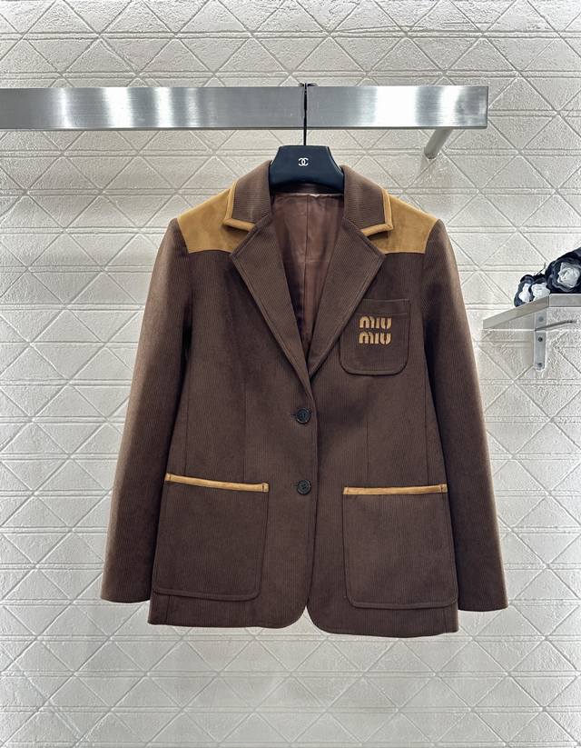 Miumi*2025 New Arrival Corduroy Color-Blocked Jacket Custom-made imported cordur